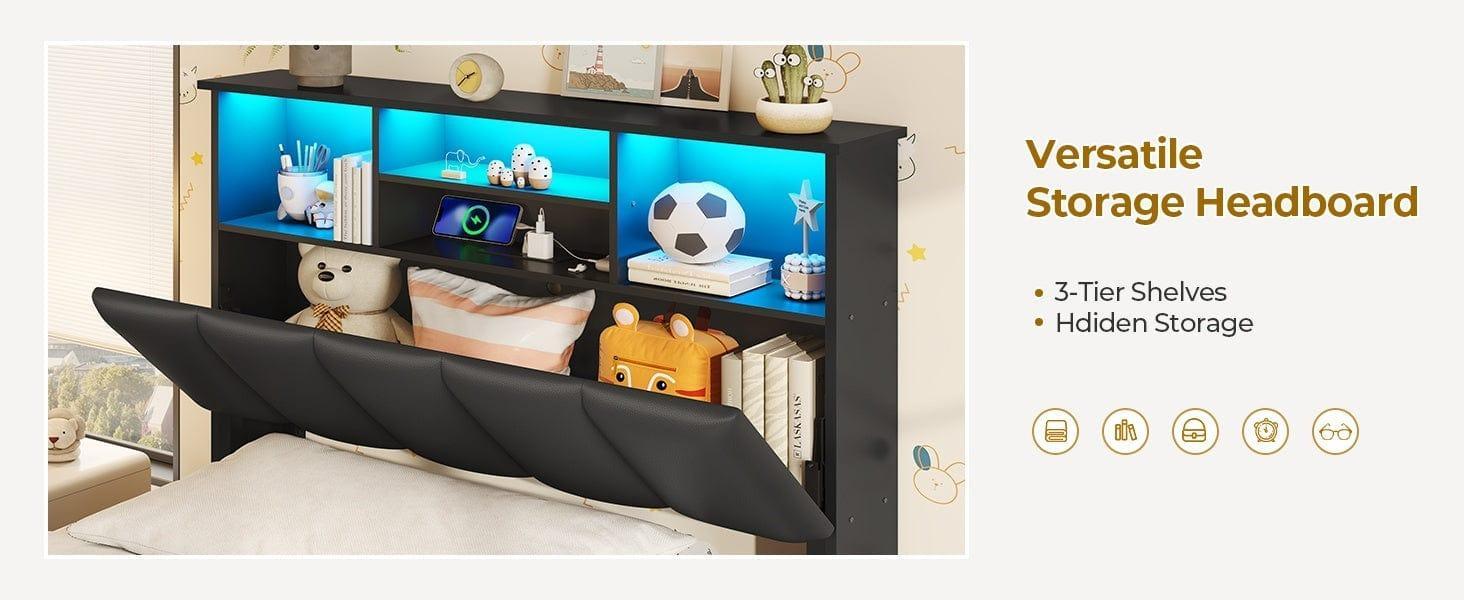 SIKAIC LED Bed Frame - Bedroom Furniture with MDF Board Bookcase Headboard, 4 Storage Drawers, USB Port, Type-C Charging Station, Black LED Light Platform Bed SIKAIC LED Bed Frame - Bedroom Furniture with MDF Board Bookcase Headboard, 4 Storage Drawers, USB Port, Type-C Charging Station, Black LED Light Platform Bed
