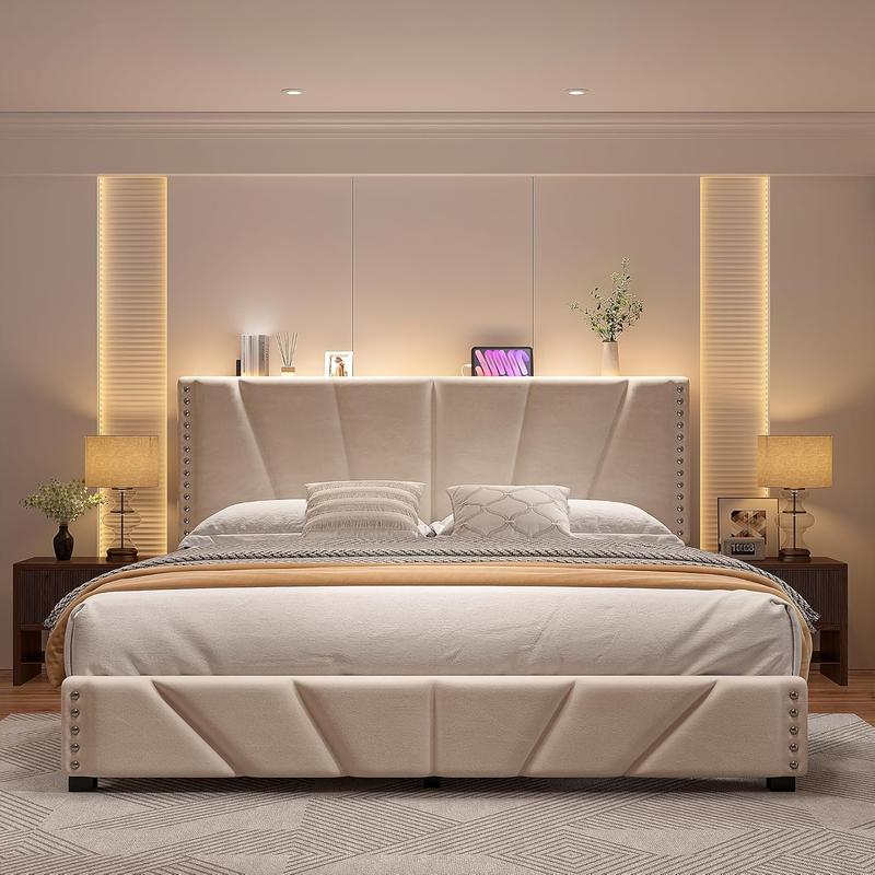 RaybeeFurniture Bed frame for Queen Bed Frame with Headboard&Storage,NO MATTRESS,  Luxury Upholstered Bed Frame with Storage, 2 Drawers & Shelf on Headboard, NO Noise, KING, FULL, Twin, Mother's Day Gifts [Falldealsforyou]