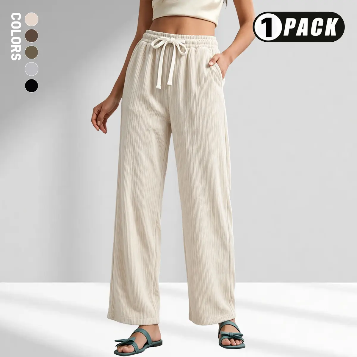 Women's High-End Ribbed Velour Basic Bottoms, Loose Wide-Leg Casual Wear Pants with Elastic Drawstring Waist, Minimalist Solid Color - Suitable for Daily Relaxation, Short Outdoor Trips, Loose Pants
