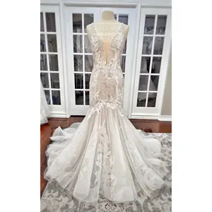 Strappy Low Back Plunge Neckline Beaded Floral Lace Trumpet Wedding Dress Kai