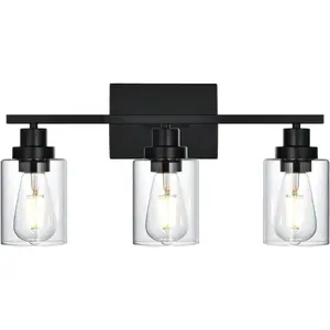 3 Light Bathroom Vanity Light Black, Bathroom Lighting Fixtures Over Mirror with Clear Glass Shades, Farmhouse Vanity Lights Modern Wall Sconces Light Fixtures for Bedroom Living Room