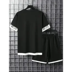 Plus Size Men's Letter Print Tee & Shorts Set, Crew Neck Short Sleeve T-Shirt & Shorts PJ Set, Casual Comfy Men's Sleepwear & Relaxed Fit Loungewear Set for Summer, Menswear