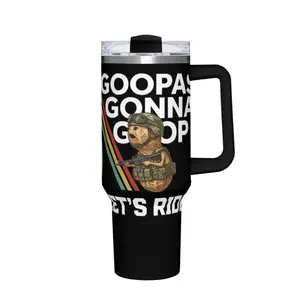 Goopas Gonna Goop Let’s Ride Tactical Peanut Soldier Meme Full Wrap 40oz Tumbler With Handle, Black Background Rainbow Stripe Funny Military Cartoon Graphic Insulated Travel Mug Gift For Meme & Tactical Fans