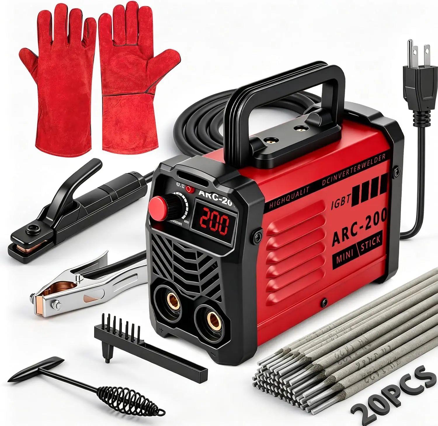 GNIWELDER 200Amp IGBT Inverter Handheld Digital Welding Machine, 110V Super Mini Portable Welder with Hot Start, Arc Force, Anti-Stick, 20PCS 1/16"-1/8" Rods & 2 Chip Hammers for Industrial Use, Handheld Welder Machine