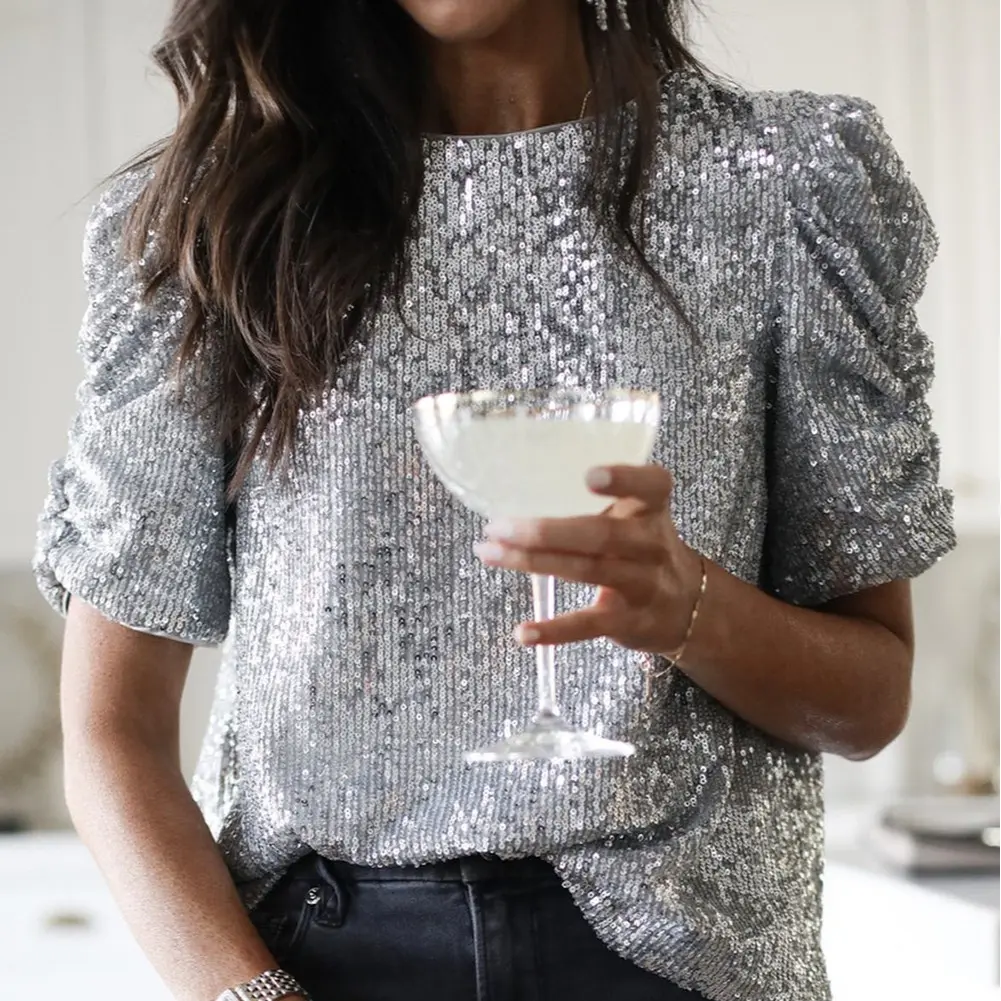 Radiant Ruched Elegance: Silvery Sequin Puff Sleeve Glam Top Comfort Fashion