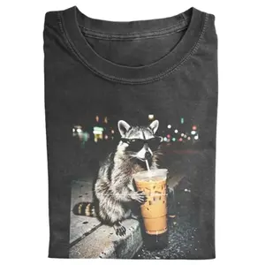 Funny Raccoon Iced Coffee T-Shirt, Trash Panda Coffee Lover Shirt, Vintage Streetwear Graphic Tee, Unisex Shirt, Gift for Men, Gift for Women, Holiday Gift