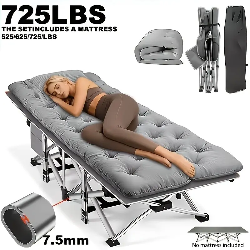 75/67/59-inch Comfort Folding Bed - Portable and Durable Frame, High-quality Fabric, Weight Capacity of 725/625/525 Lbs Respectively. Mattress Not Included. Portable Travel Bed with Removable Mattress for Camping, Featuring Side Pockets and a Storage