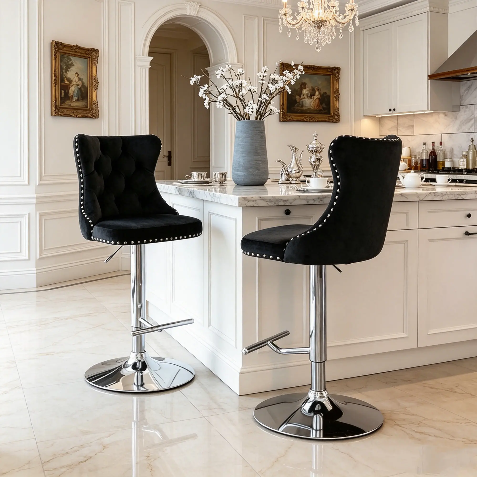 Adjustable Velvet Bar Stools Set of 2, Tufted Counter Height Chairs with Silver Base, Swivel Barstools for Kitchen Island, Pub, Dining Room