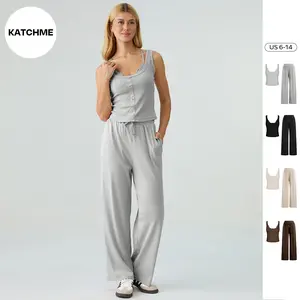 KatchMe Women's Casual U-Neck Button Decor Tank Top & Wide Leg Trousers with Lace Trim Camisole Three-Piece Sets, Comfortable Summer Holiday Outfits
