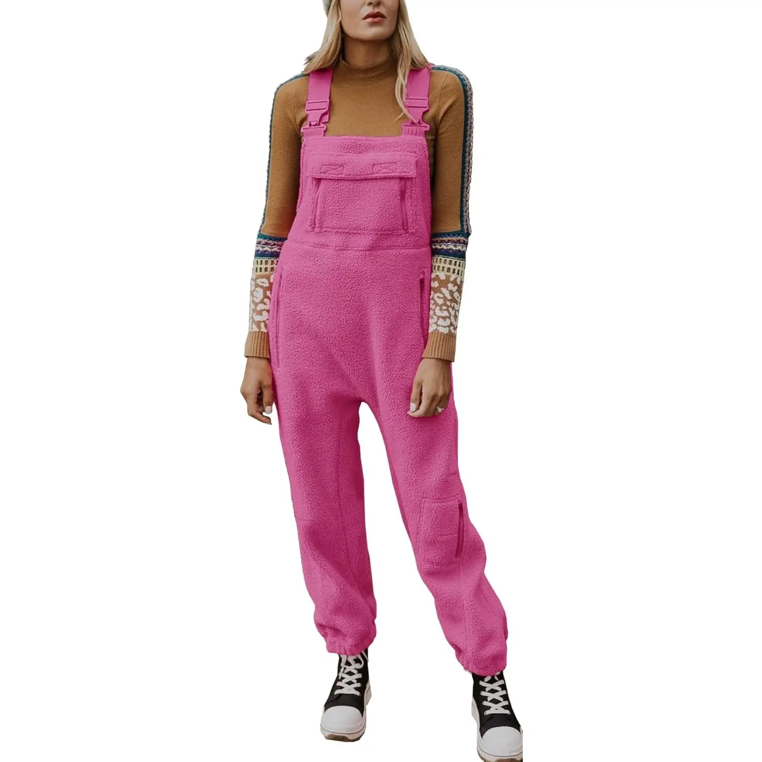 Imily Bela Women's Comfy Sherpa Fleece Overalls, Casual Bib Front Jumpsuit with Adjustable Straps and Zipper Pockets for Winter Outdoors, Elastic Cuffs, Cold Wash, Hang Dry, Sleeveless, Strappy, Comfortable, Zippered Pockets, Buckle, Front Zipper Pouch Po