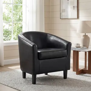 Costoffs Faux Leather Modern Accent Chair, Comfy Reading Chair with Curved Armrests, U-Shaped Back & Ergonomically Adjustable Seat, Solid Wood Accent Armchair for Living Room, Bedroom