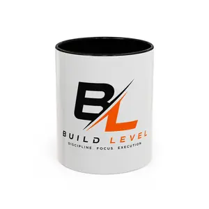 Build Level logo Accent Coffee Mug | motivational branding, black orange design