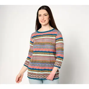 Denim & Co. 3/4 Sleeve Mixed Stitch Striped Sweater