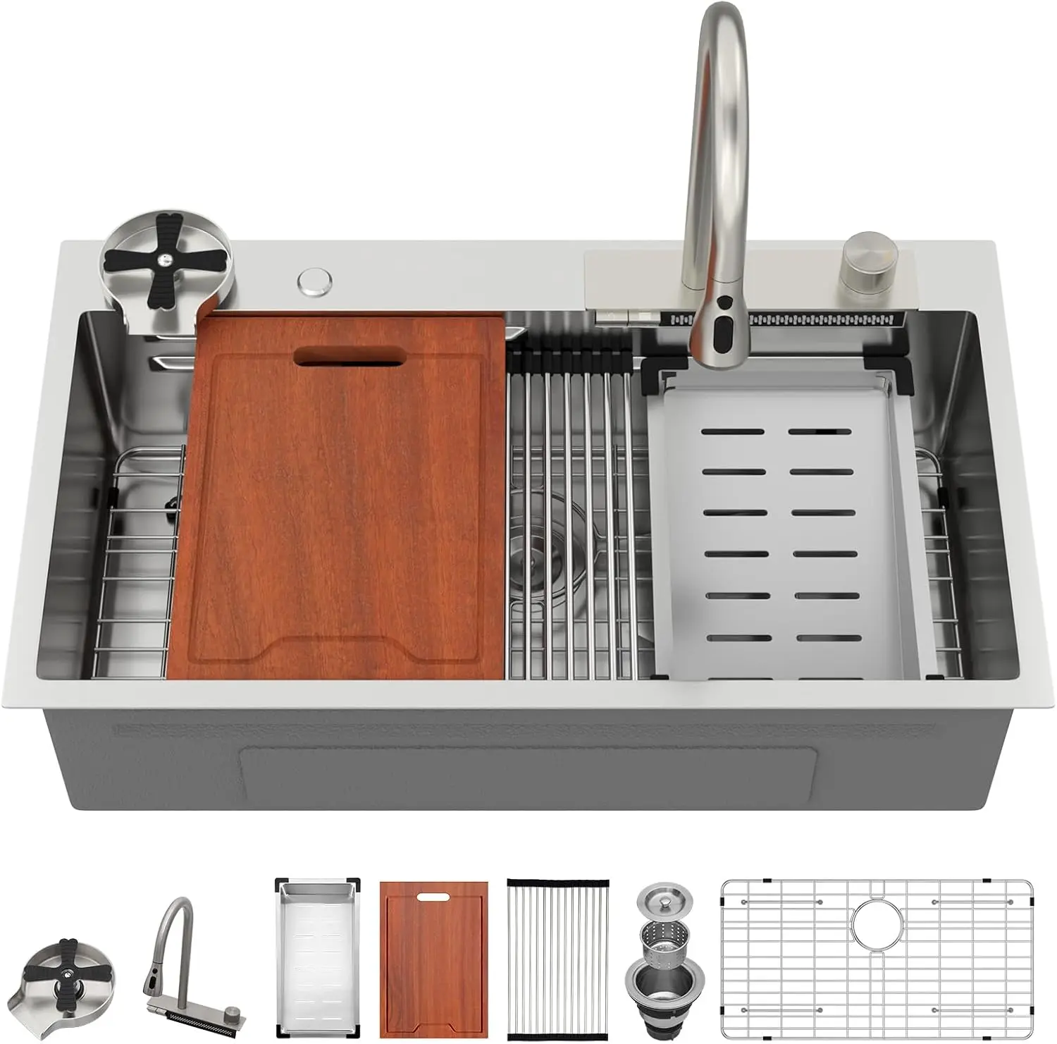 LORDEAR 33" x 19" Drop-in Single Bowl Sink, Stainless Steel Waterfall Workstation Kitchen Sink with Pull-Down Faucet & Multifunctional Accessories