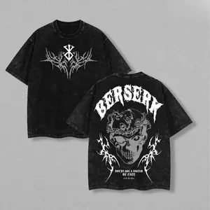 Berserk Skull Streetwear Tee Washed – Vintage Heavy Cotton Oversized Dark Fantasy Anime Manga T-Shirt, Double Printed Retro Unisex Graphic Top, Black Swordsman Edition