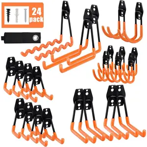 Garage Hooks,24Pack Heavy Duty Garage Hanger Organizer Anti-Slip Double Wall Garage Storage Hooks for Ladder, Power Tool,Bike,Ropes (23 Hooks & 1 hoder Strap)-Orange