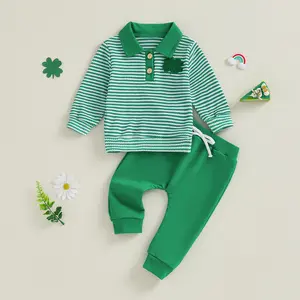 Kupretty Toddler Baby Boy St. Patrick's Day Outfits Set Long Sleeve Shamrock Embroidery Striped Tops Polo Shirt with Pants 2Pcs Waffle Clothing Set 3M-3Y