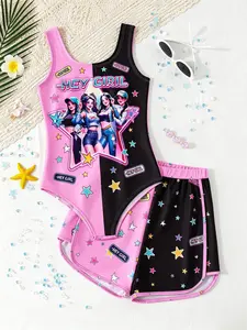Girls' 3-Piece Swim Set, Trendy Cartoon Print One-Piece Swimsuit + Sun Protection Shorts, Star Design, Beach Vacation