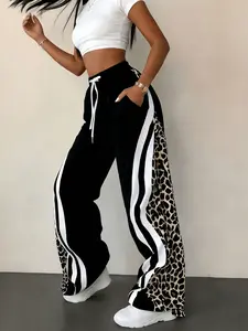 Women's black leopard print with white contrast stripes, drawstring waist, pocket design, wide-leg sports pants, suitable for summer, suitable for daily, sports wear, Drawstring Waist Sweatpants