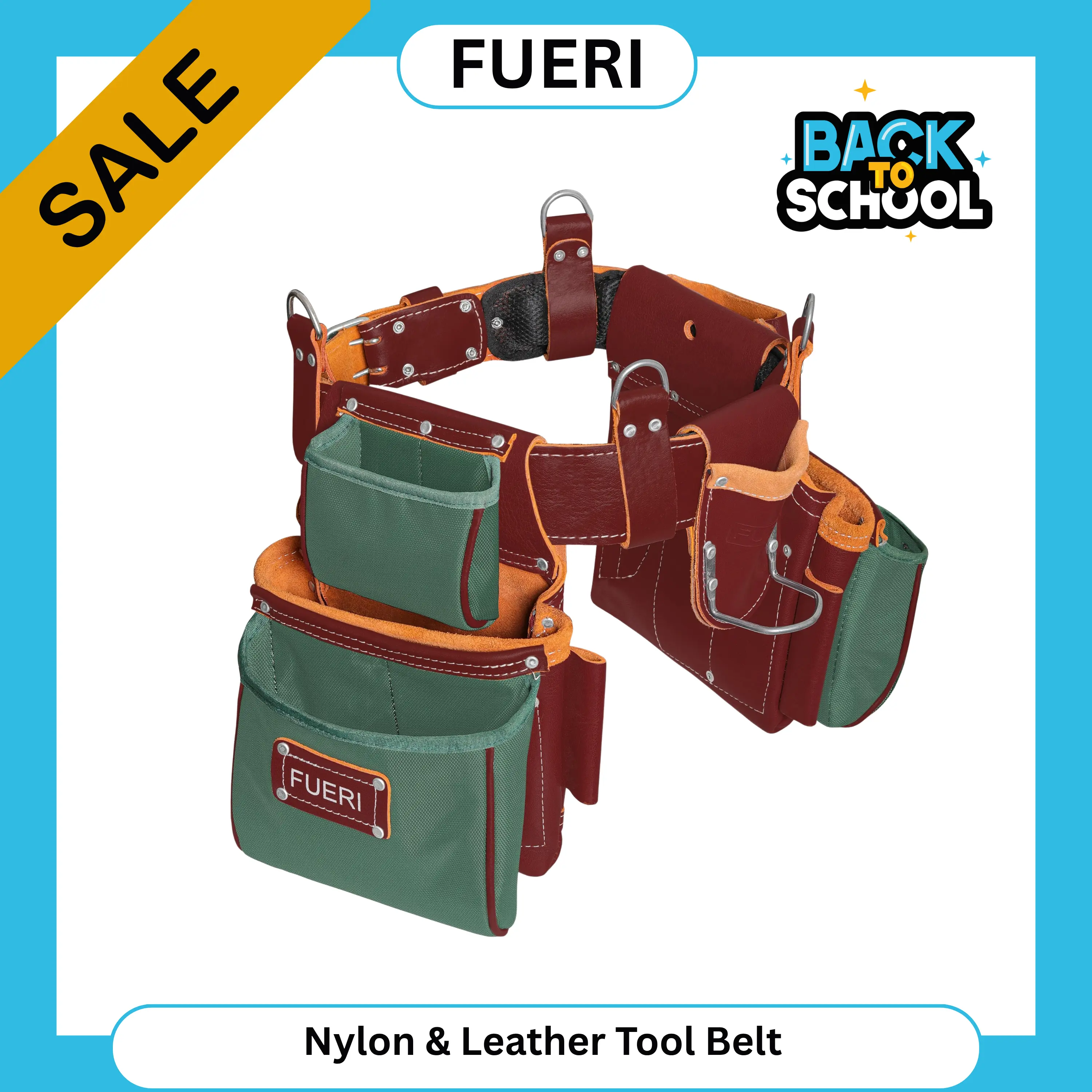FUERI Leather/Nylon Tool Storage Bag Organizer, 19-Pocket Design with Suspender Belt, Adjustable Foam-Padded Waistband, 4 D-Loops, Hammer Holder, 14x14x4 Size, 5lb Capacity, Detach Without Belt Option for Construction, Carpentry campingessentials