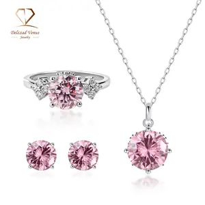 【Celestial Rose Trio】Delzzad Pink Four-Prong Stud Earrings Necklace Ring Band Set Pink Synthetic Moissanite Set Copper Jewelry Set Perfect Birthday Engagement Wedding Anniversary Christmas Valentine's Day Gifts