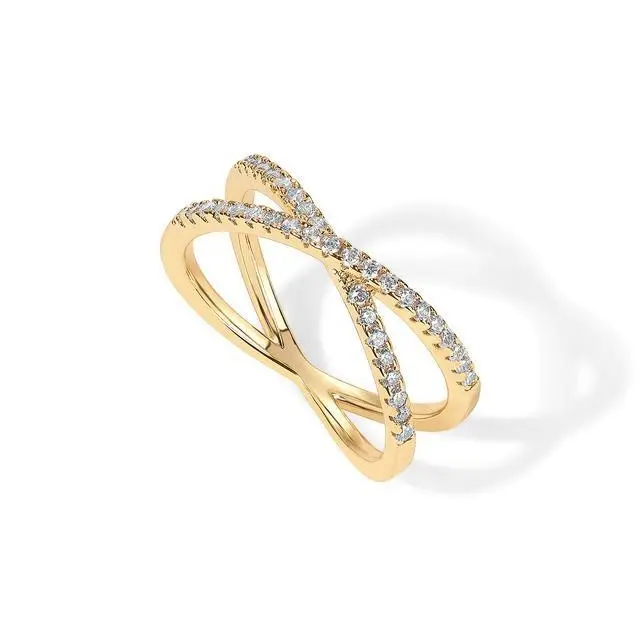 Cross Over CZ Ring for Women, Minimalist Gold Plated Stackable Ring with Sparkling Stone Design, Trendy Fashion Jewelry