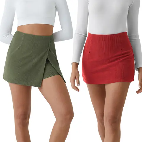 Halara High Waisted Invisible Zipper A-Line & Slit 2-in-1 Corduroy Casual Skirts