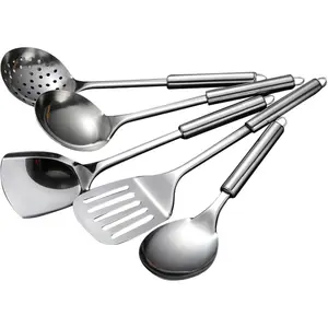 5 PCS Cooking Utensils Set Stainless Steel Kitchen Utensils Gadgets Resistant Cooking Tools Includes Slotted Spoon, Slotted Spatula, Large Spoon, Soup, Spatula(Sliver) Hanging Sturdy Colander