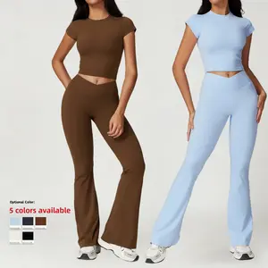 Women'S Two-Piece Solid Short Sleeve & Leggings Sport Set, Casual Breathable Quick-Drying Yoga Suit T-Shirt & Skinny Pants Set For Yoga Gym, Ladies Sportswear For All Seasons, Workout Running Clothes, Gym Outfits For Outer Wear women High Waist