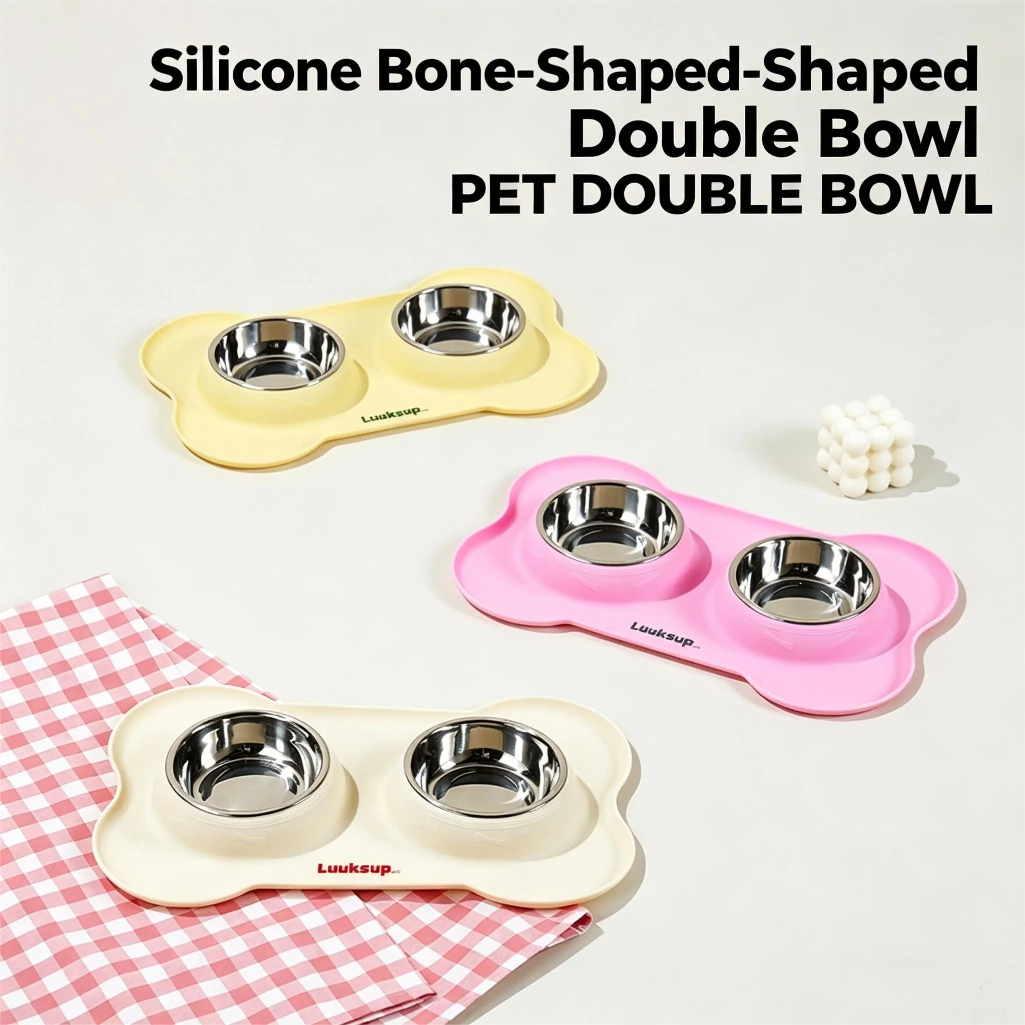 Luuksup Non-Slip Silicone Dog Double Bowl, Stainless Steel Pet Food Water Bowl for Small Medium Dogs Cats, Spill Proof Feeding Tray dog food bowl anti-slip base messy drinker dark polyester surface