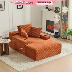 QAK 64‘’ Boneless Chaise Lounge, Upholstered Sofa Bed with Throw Pillows and Armrests, Indoor Sleeper Chair Luxurious Plush Corduroy Chair Bed for Living Room No Assembly Required