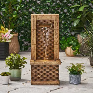 35.25" High Weatherproof Stone-Like Handcrafted Floor Fountain Outdoor Furniture Set, Underwater LEDs, Waterfall Flow, Light Brown