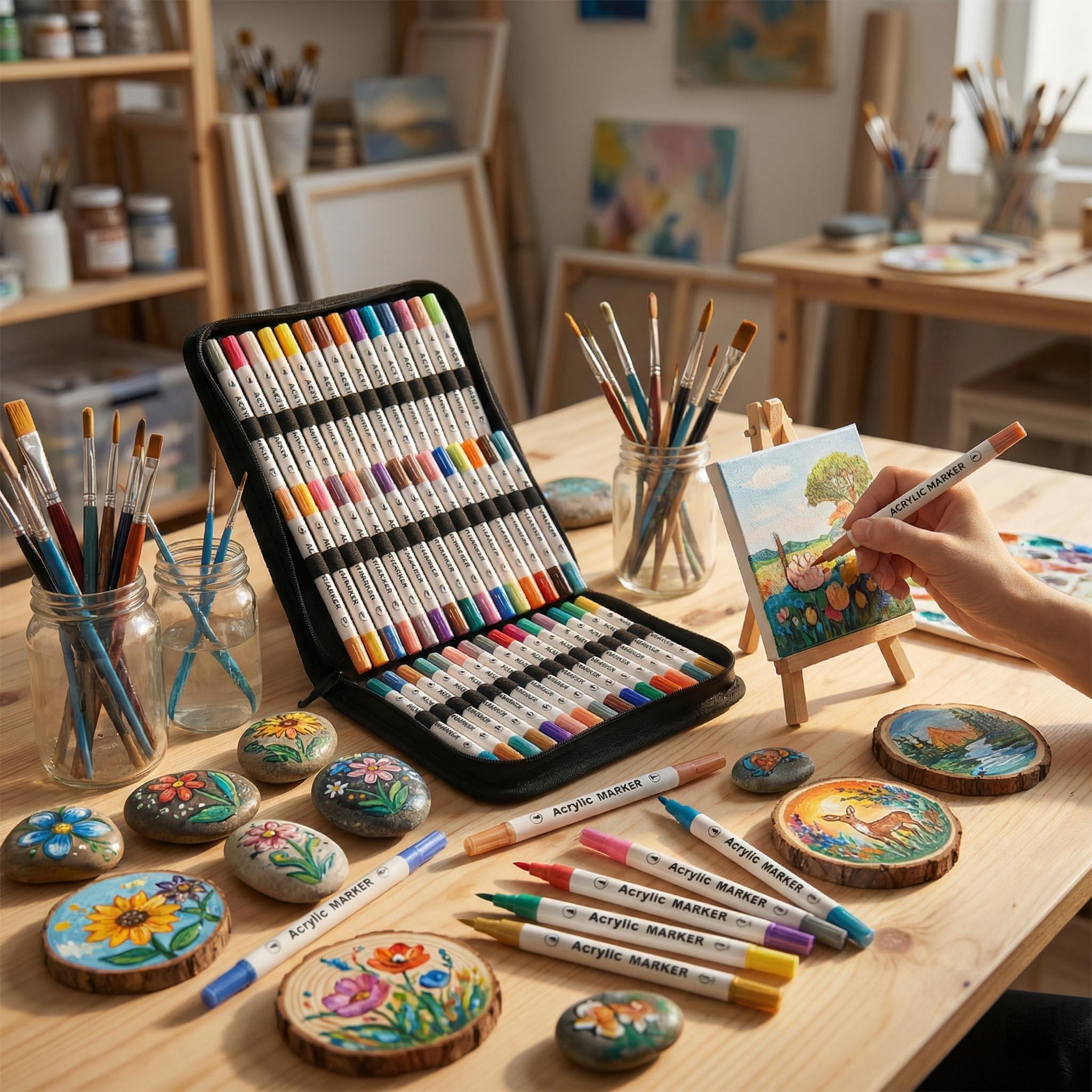 48 Acrylic Paint Markers, Large Capacity Acrylic Markers with Long-Lasting Tip, Professional Art Supplies for Rock Painting, Ceramic, Glass, Wood, Canvas, Fabric, Crafts