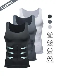 Men's Shapewear Sports Vest Set, Slimming Compression Abdomen Top, Sporty Style, Plain Pattern, All Seasons, Without Zipper and Collar, Sleeveless Workout Vest