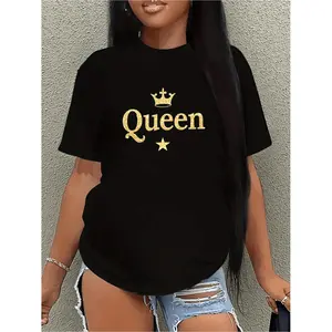 Black Short Sleeve T Shirt Featuring a Golden Queen Crown and Star Pattern Soft Round Neck Casual Summer Top for Allseason Wear Crown Graphic Tee with Comfortable Fit