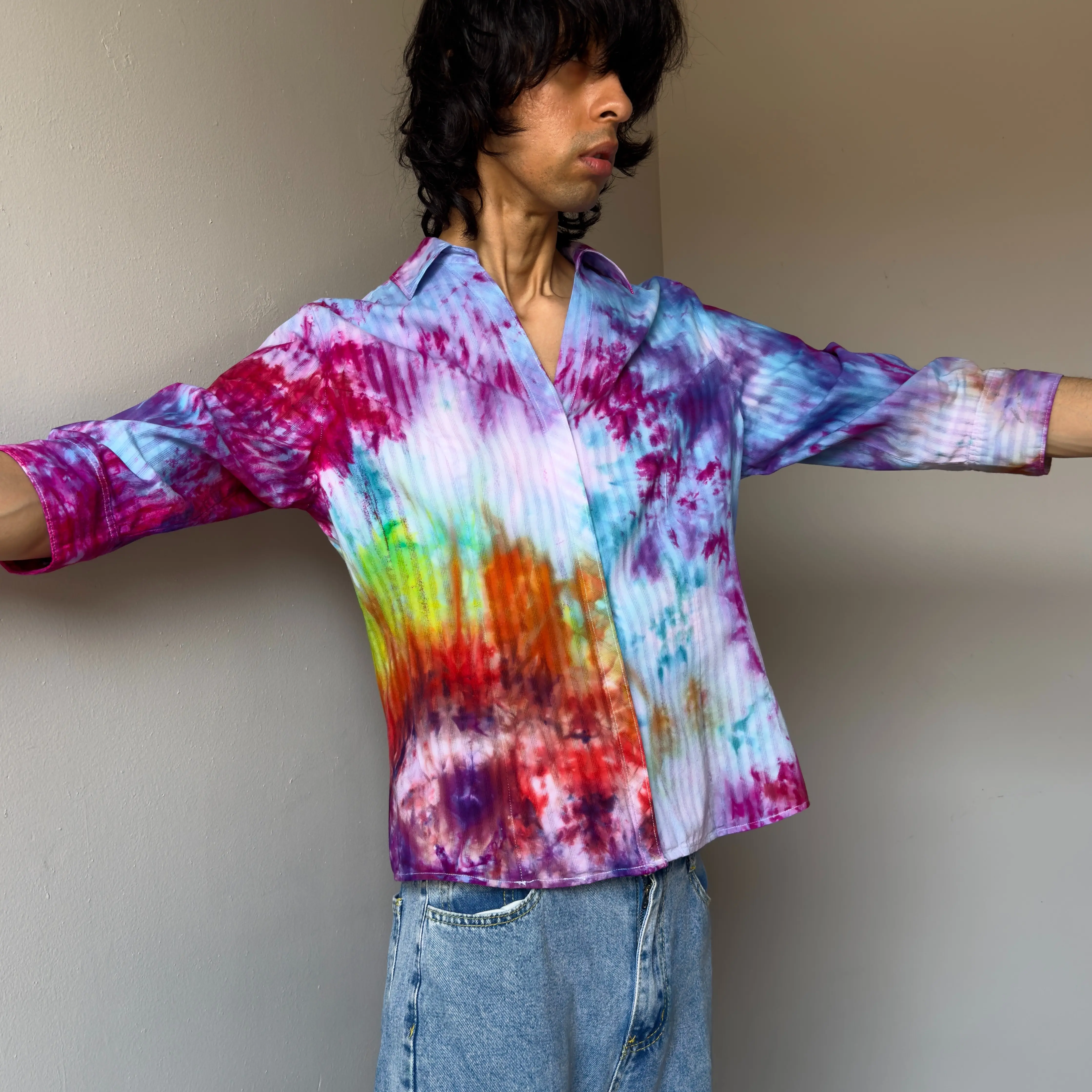 Womens M Galaxy Rainbow top concealed button up shirt