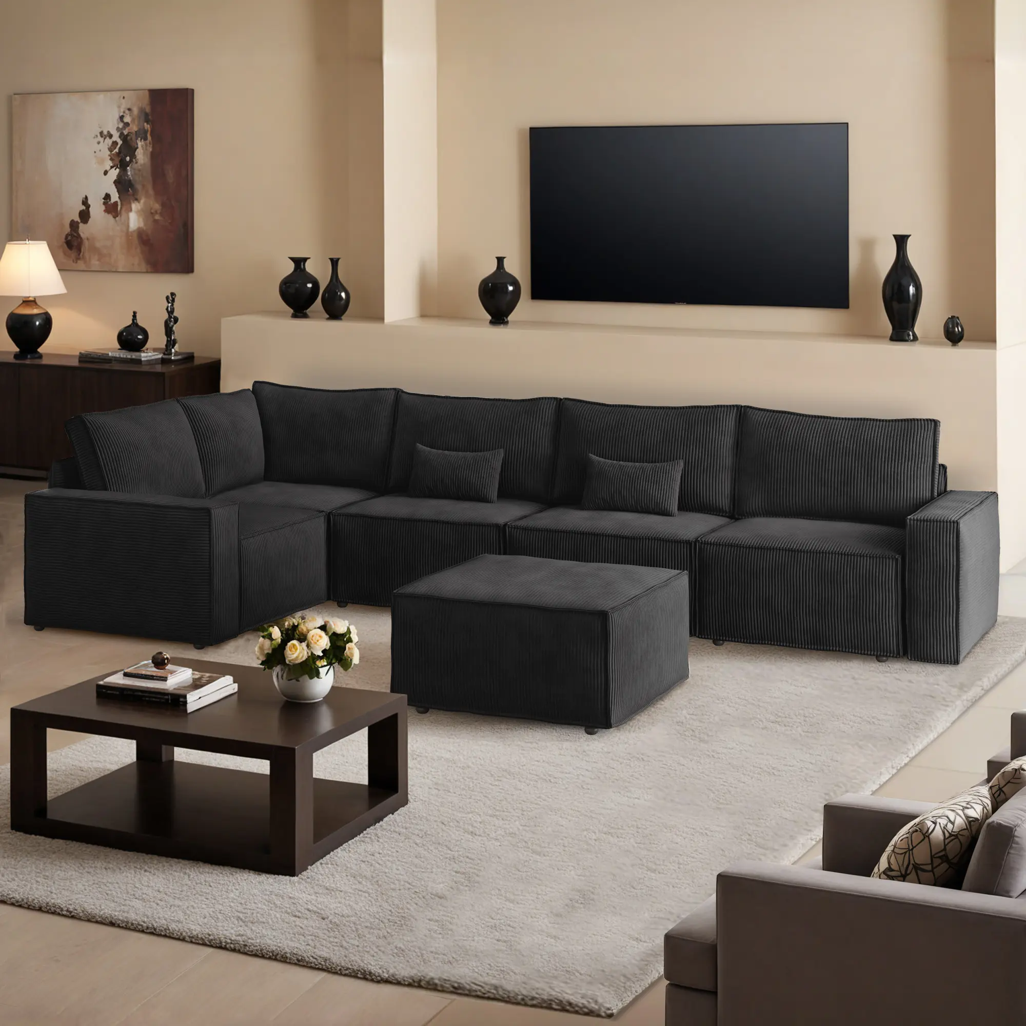 XIZZI 125" Modular Sectional Sofa Set, U-Shaped Cloud Couch with Chaise Lounge, Modern Minimalist Deep Seat Plush Corduroy Sofa Bed for Living Room - 6 Seater