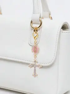 Christian cross keychain, adorned with a Virgin Mary pearl and diamond charm - cross keychain, bag charm, cross pendant, wallet and backpack accessory