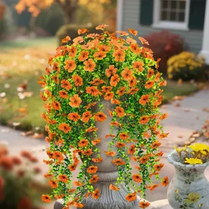 4-Piece UV Resistant Artificial Silk Hanging Flowers, Artificial Hanging Plant, Artificial Flower Arrangements, Orange Fall Decor for Outdoor Garden, Porch, Window & Home Use