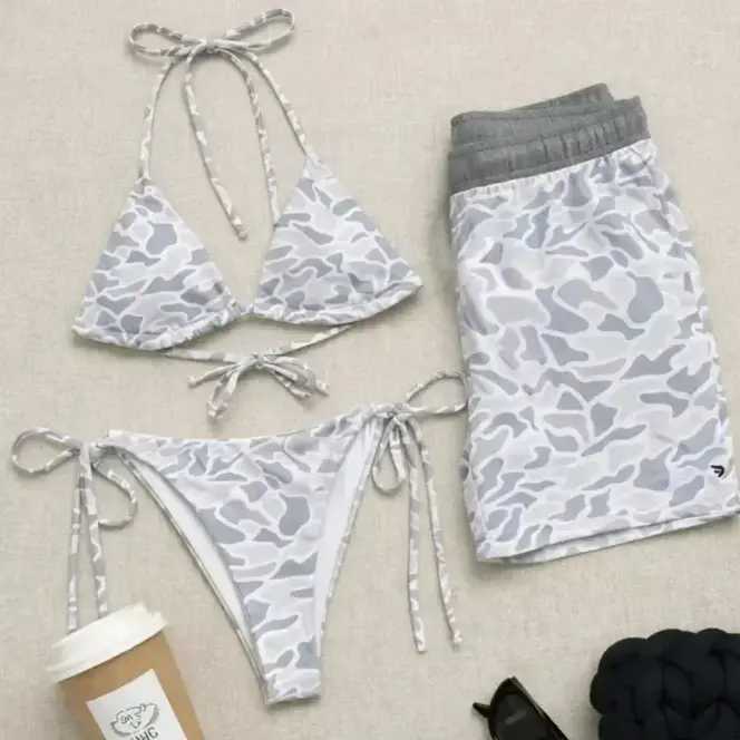 Grey Camo Matching Couple Swimsuits Set, BF and GF Matching Swimsuits, BF and GF Swimsuits, Panther Pattern Printed Bikini Set for Women, Swimwear Set for Couples, Couple Trendy Bikini And Hawaii Short, Summer Beach Vacation Outfit "