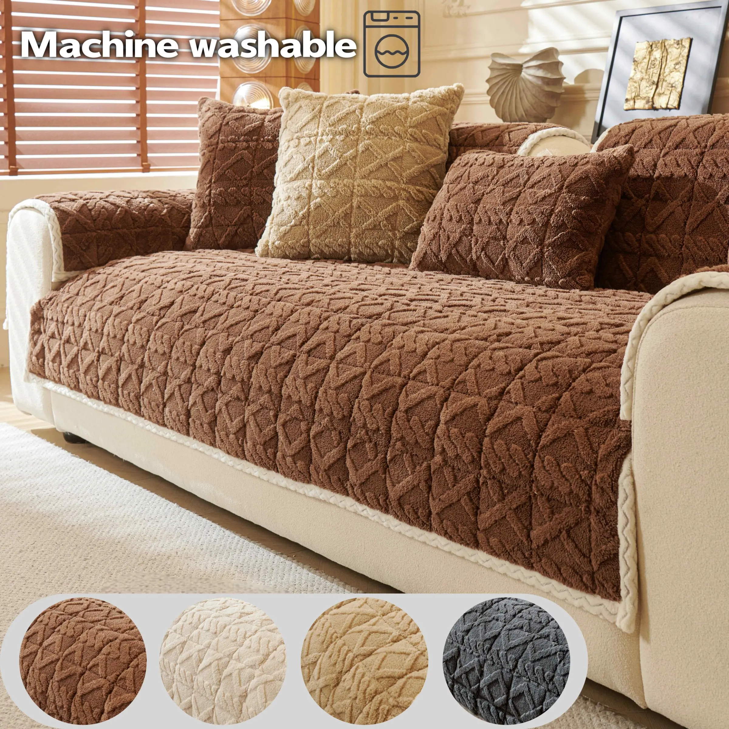 Plush Sofa Cover, Textured Couch Seat Cover, Sofa Couch Covers, Non-Slip Machine Washable Sofa Cushion Protector, Breathable Anti-Scratch Furniture Pad, Pet-Friendly Sofa Mat for 1/2/3/4-Seater Couch, Sectional & L-Shaped Sofa