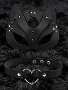 Gothic Cat Ear Mask Heart Necklace Set, Leather Party Accessories, Halloween Costume Accessory, Adjustable Size, Atmosphere Booster, Edgy Looks, Punk Aesthetic