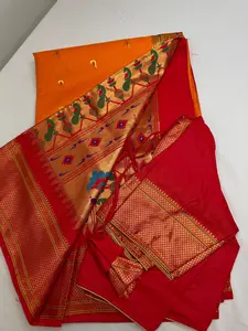 Semi Gadwal  Silk Paithani Yellow Red Saree