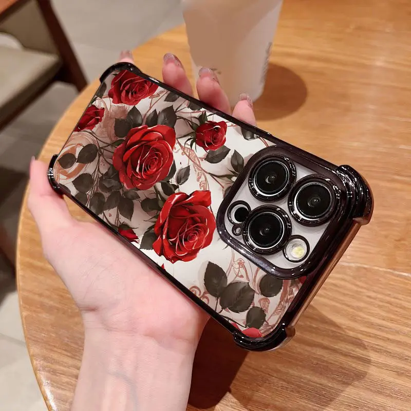Retro red rose Pattern phone case Suitable for iPhone 17 Pro Max Plus Air/16/15/14/13/12/11 Pro Max Plus electroplated anti drop soft case phone case Protector Screen Protector Protection Protective Cover Smartphone Casing Cellphone Shockproof