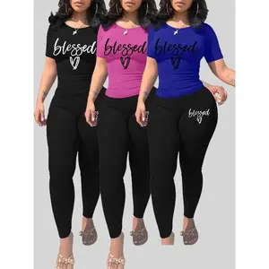 Women's Letter Print Tee & Skinny Pants Set, Casual Round Neck Short Sleeve T-shirt & Leggings, Ladies Spring & Fall Clothes