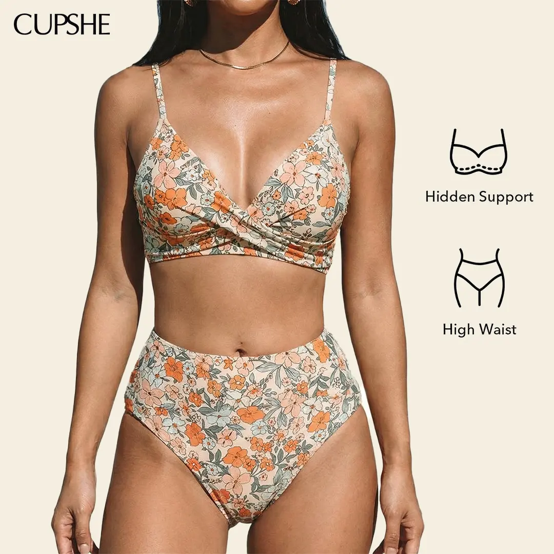 CUPSHE High Waisted Bikini Sets for Women 2026: Tummy Control Two Piece Swimsuit with Twist Front V Neck & Adjustable Straps, Size Inclusive XS XXXL Floral Bathing Suits Summer Beach Holiday Bathing suit #tiktokshopmemorialday
