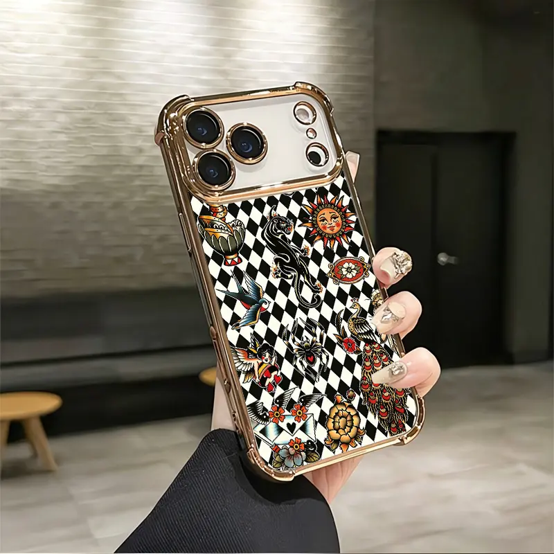 Old School Tattoo Black and White Checkerboard Pattern Aesthetic Design Pattern Casing For iPhone 17 16 15 14 13 12 Samsung 22 23 24 25 Plus Pro Max Ultra Soft Silicon TPU Shockproof Protector Vintage Unique Fashion Mobile Phone Case