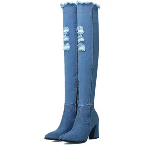 Women's Denim Thigh High Boots Cutout Over The Knee Blue Jean Boots most comfortable heels  for the office