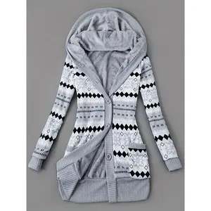 Women'sclothingGeoPrintButtonFrontHoodie,CasualLongSleeveDualPocketsSlimCardiganforFall&Winter,Women'SClothing