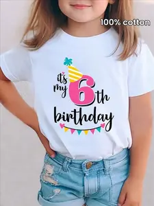 100% Cotton Girls' 6th Birthday T-Shirt - Cute Summer Tee With Colorful Letter &amp; Cake Graphics, Round Neck, Perfect For Youngsters' Birthday Party Outfit, White